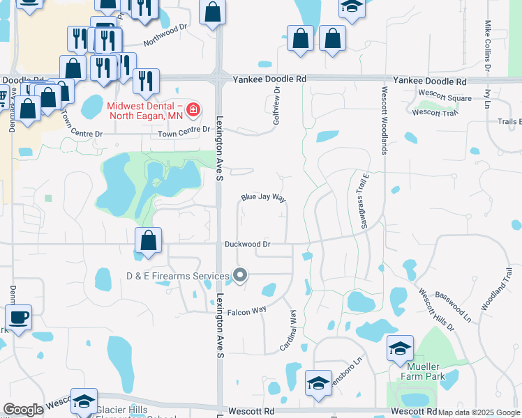 map of restaurants, bars, coffee shops, grocery stores, and more near 3590 Blue Jay Way in Saint Paul