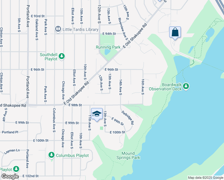 map of restaurants, bars, coffee shops, grocery stores, and more near 9655 13th Avenue South in Bloomington