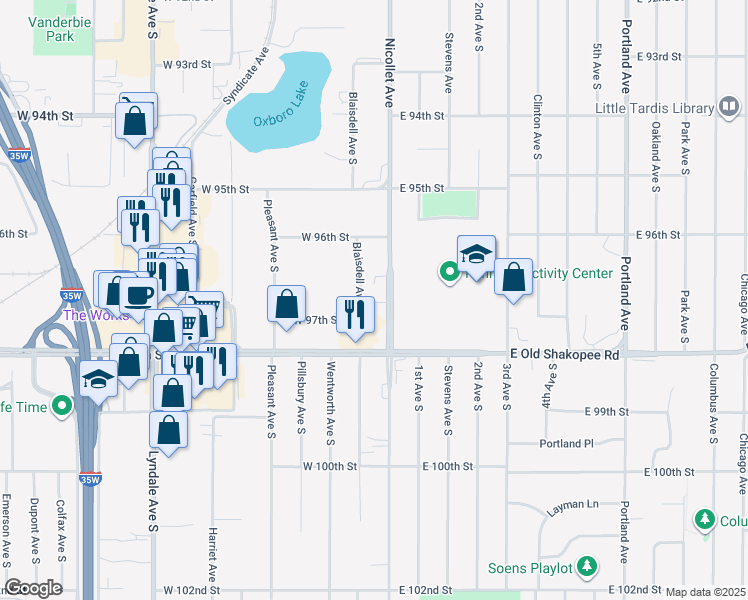map of restaurants, bars, coffee shops, grocery stores, and more near 9745 Blaisdell Avenue South in Bloomington