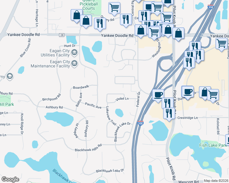map of restaurants, bars, coffee shops, grocery stores, and more near 3576 Lemieux Circle in Eagan