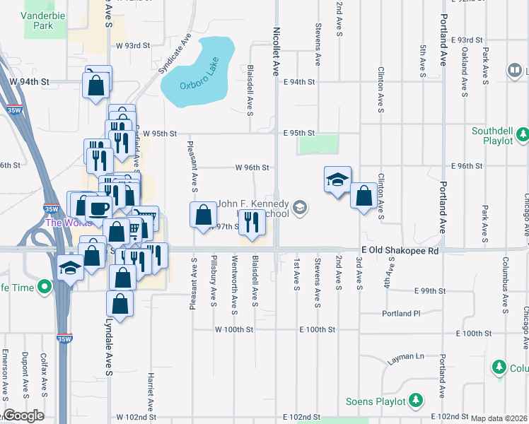 map of restaurants, bars, coffee shops, grocery stores, and more near 9745 Blaisdell Avenue South in Bloomington
