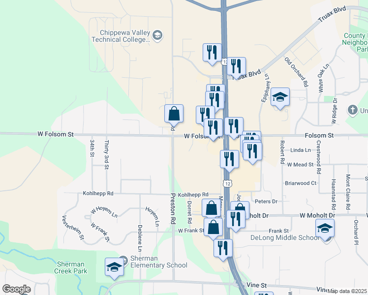 map of restaurants, bars, coffee shops, grocery stores, and more near 2826 Prestige Court in Eau Claire