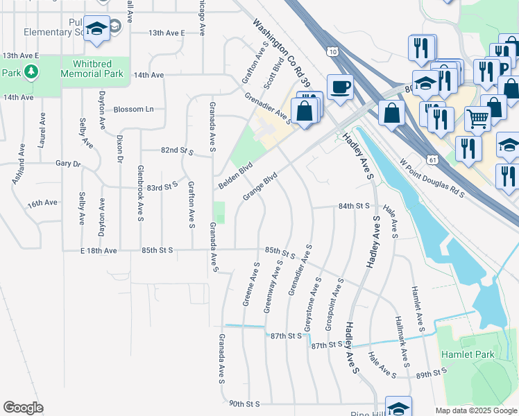 map of restaurants, bars, coffee shops, grocery stores, and more near 8374 Greene Avenue South in Cottage Grove