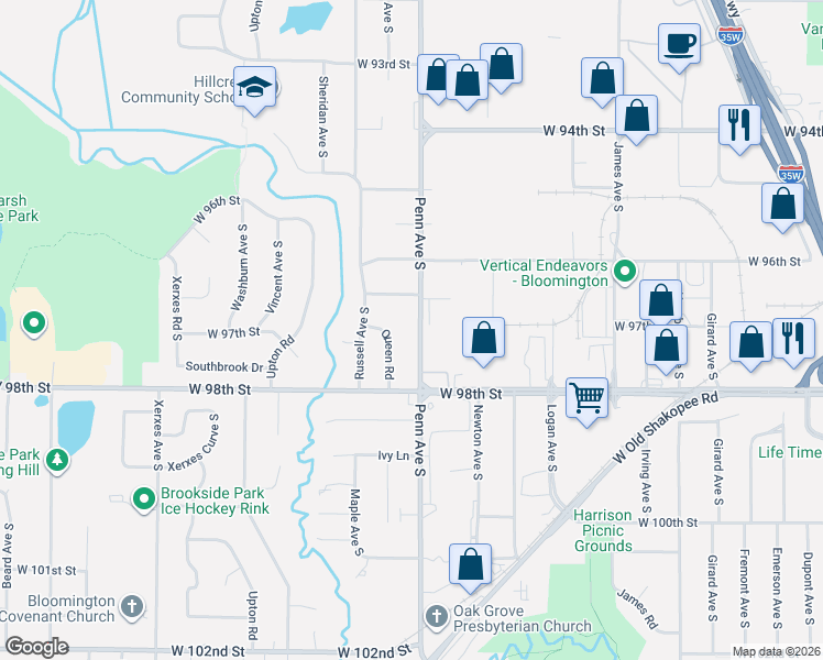 map of restaurants, bars, coffee shops, grocery stores, and more near 9750 Penn Avenue South in Bloomington