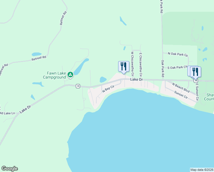 map of restaurants, bars, coffee shops, grocery stores, and more near W6053 Lake Drive in Shawano