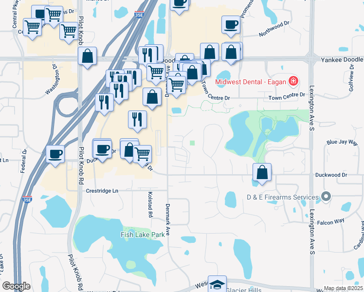 map of restaurants, bars, coffee shops, grocery stores, and more near 1276 Ironwood Lane in Eagan