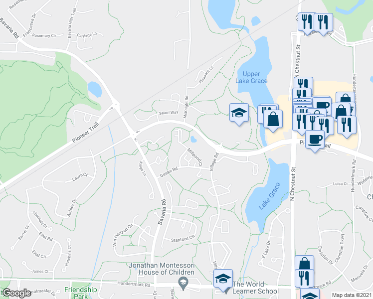 map of restaurants, bars, coffee shops, grocery stores, and more near 1596 Millpond Court in Chaska