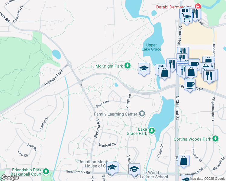 map of restaurants, bars, coffee shops, grocery stores, and more near Millpond Court in Chaska