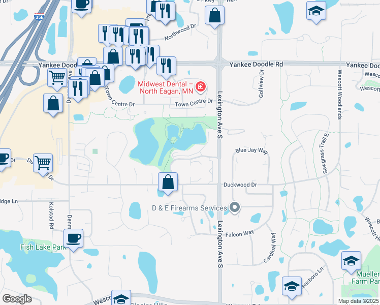 map of restaurants, bars, coffee shops, grocery stores, and more near 1125 Duckwood Trail in Eagan