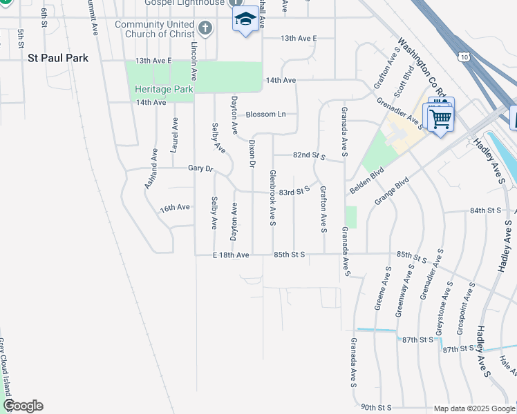 map of restaurants, bars, coffee shops, grocery stores, and more near 1572 Dixon Drive in Saint Paul Park