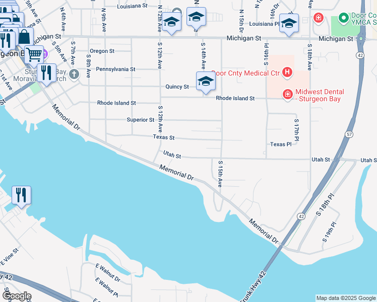 map of restaurants, bars, coffee shops, grocery stores, and more near 1316 Texas Street in Sturgeon Bay