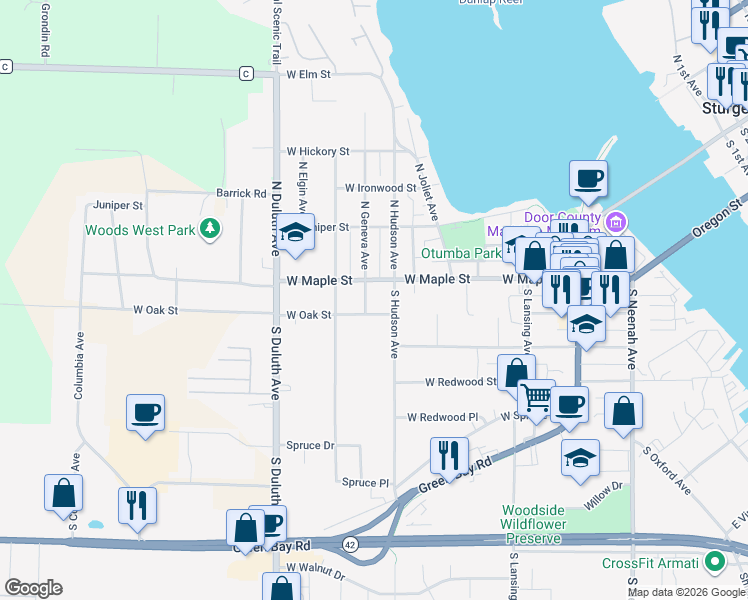 map of restaurants, bars, coffee shops, grocery stores, and more near 519 West Maple Street in Sturgeon Bay