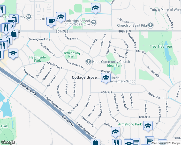 map of restaurants, bars, coffee shops, grocery stores, and more near 8300 Hyde Avenue South in Cottage Grove