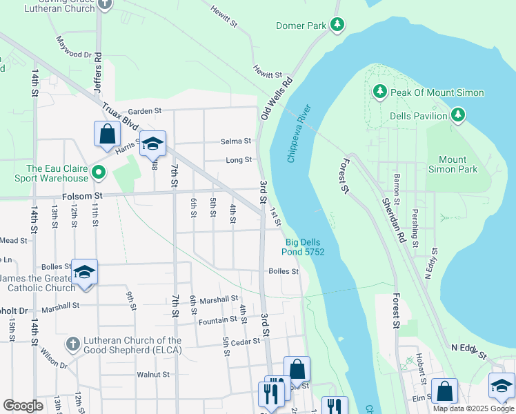 map of restaurants, bars, coffee shops, grocery stores, and more near 317 Folsom Street in Eau Claire