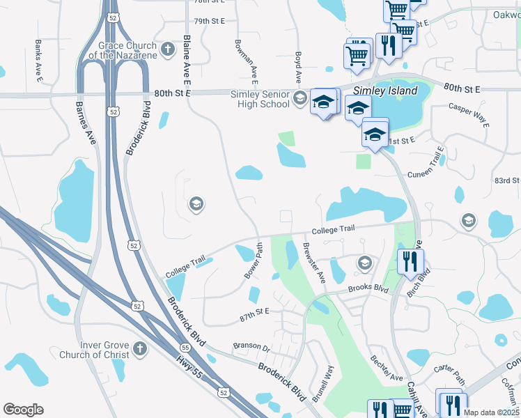map of restaurants, bars, coffee shops, grocery stores, and more near 8213 College Trail in Inver Grove Heights