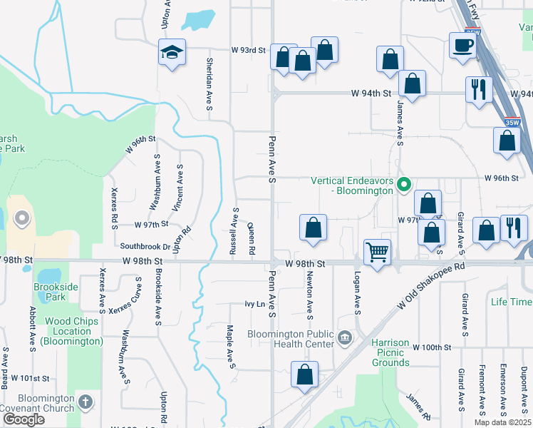 map of restaurants, bars, coffee shops, grocery stores, and more near 2300 West 97th Street in Minneapolis