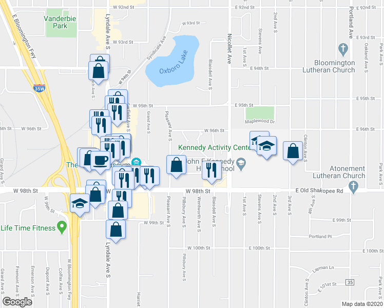 map of restaurants, bars, coffee shops, grocery stores, and more near 9725 Pleasant Avenue South in Bloomington