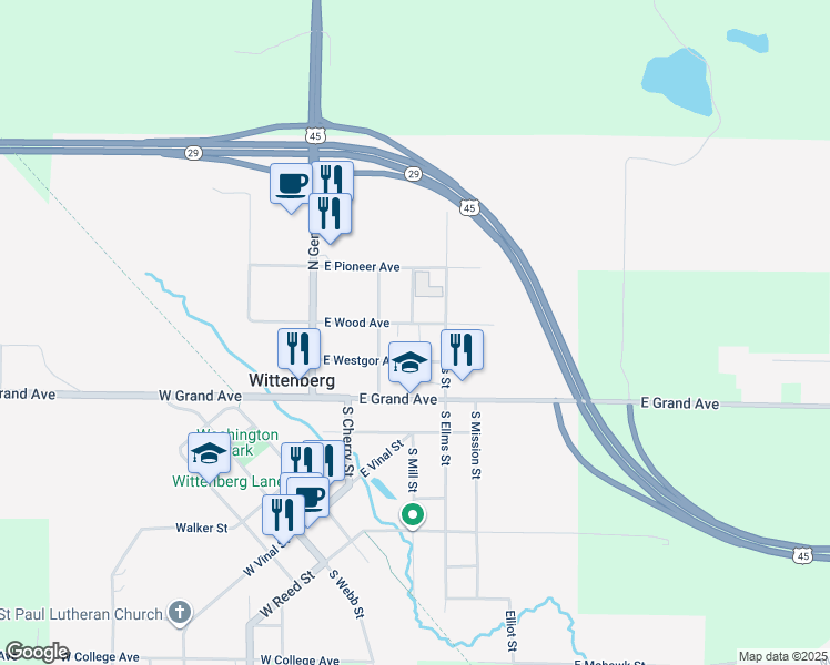 map of restaurants, bars, coffee shops, grocery stores, and more near 302 North Taylor Street in Wittenberg