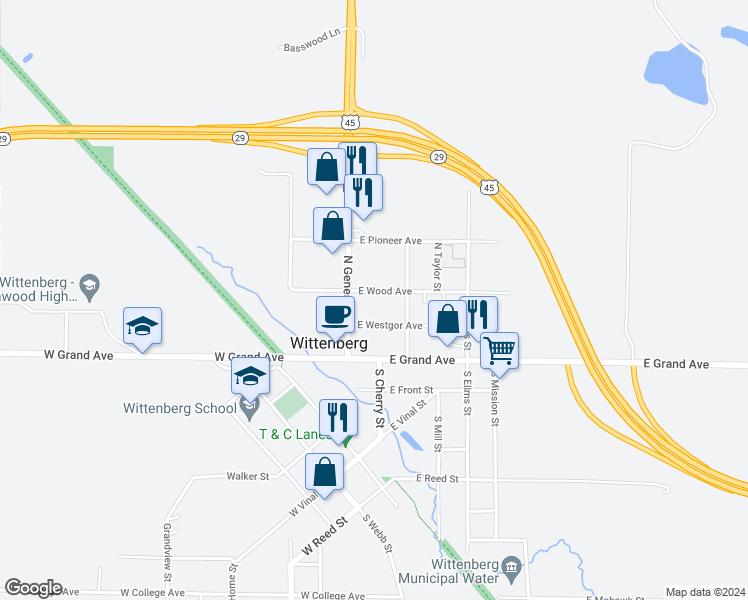map of restaurants, bars, coffee shops, grocery stores, and more near 304 East Wood Avenue in Wittenberg