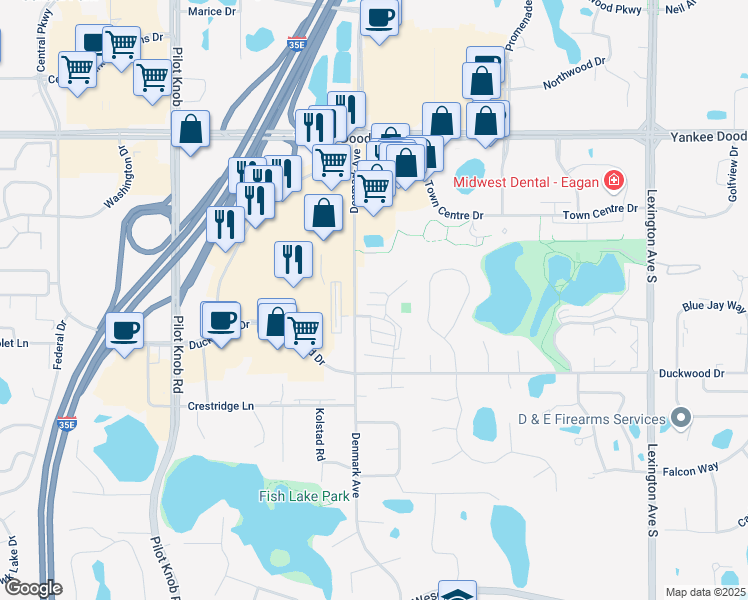 map of restaurants, bars, coffee shops, grocery stores, and more near 1277 Birch Point in Eagan