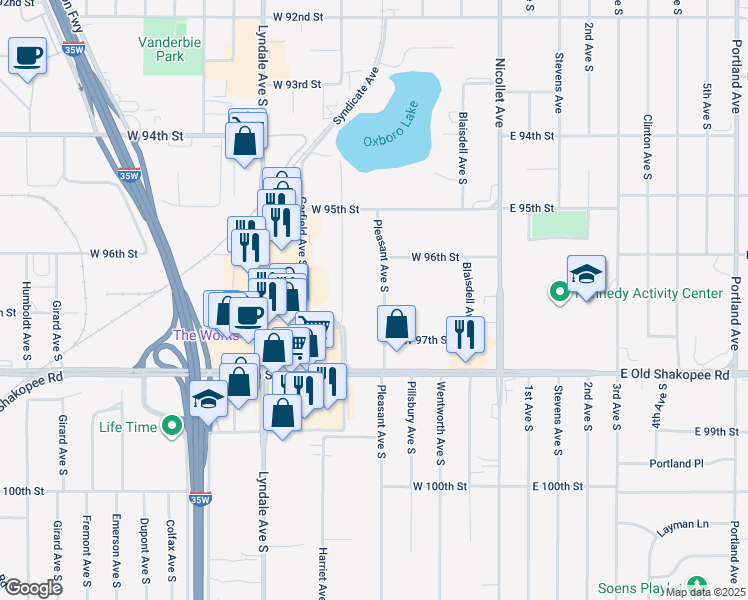 map of restaurants, bars, coffee shops, grocery stores, and more near 9640 Pleasant Avenue South in Minneapolis