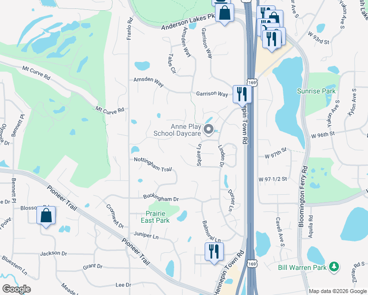 map of restaurants, bars, coffee shops, grocery stores, and more near 9806 Squire Lane in Eden Prairie