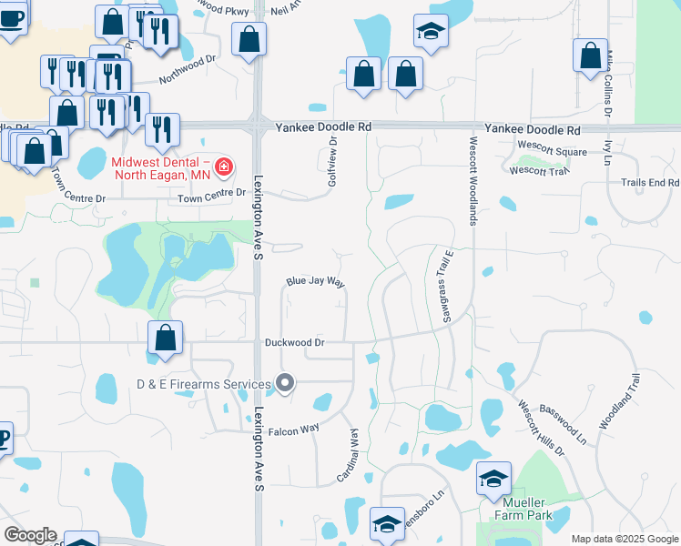 map of restaurants, bars, coffee shops, grocery stores, and more near 3563 Blue Jay Way in Saint Paul