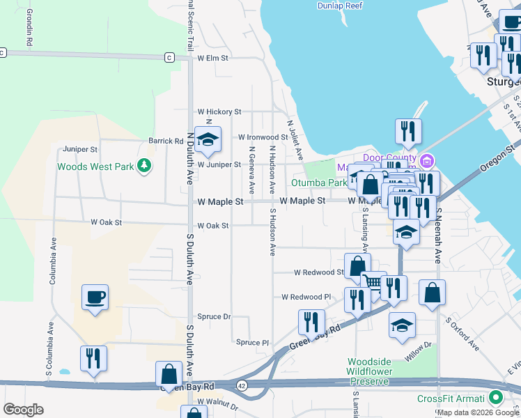 map of restaurants, bars, coffee shops, grocery stores, and more near 519 West Maple Street in Sturgeon Bay