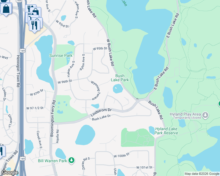 map of restaurants, bars, coffee shops, grocery stores, and more near 9635 Wyoming Circle South in Minneapolis