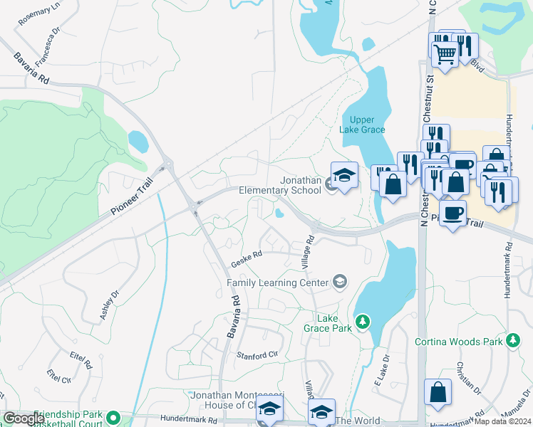 map of restaurants, bars, coffee shops, grocery stores, and more near 1558 Millpond Court in Chaska