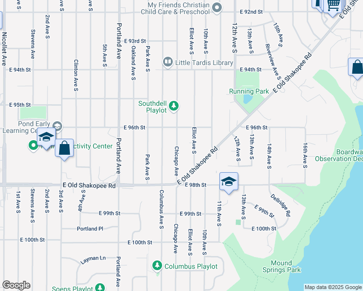 map of restaurants, bars, coffee shops, grocery stores, and more near 9619 Chicago Avenue in Minneapolis