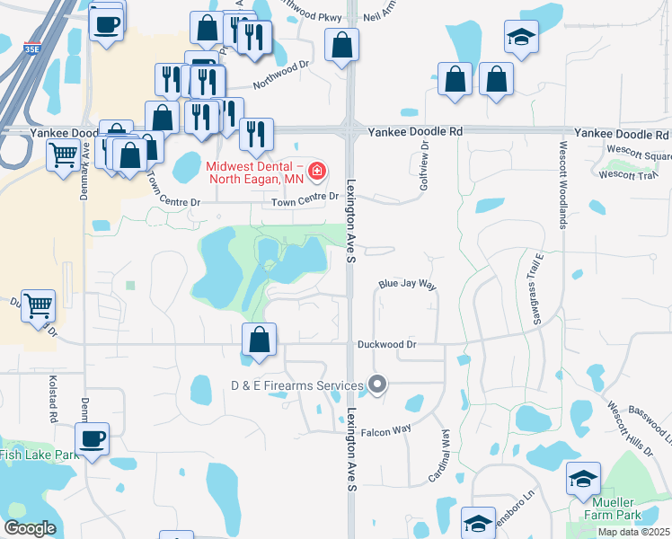 map of restaurants, bars, coffee shops, grocery stores, and more near 1105 Duckwood Trail in Eagan