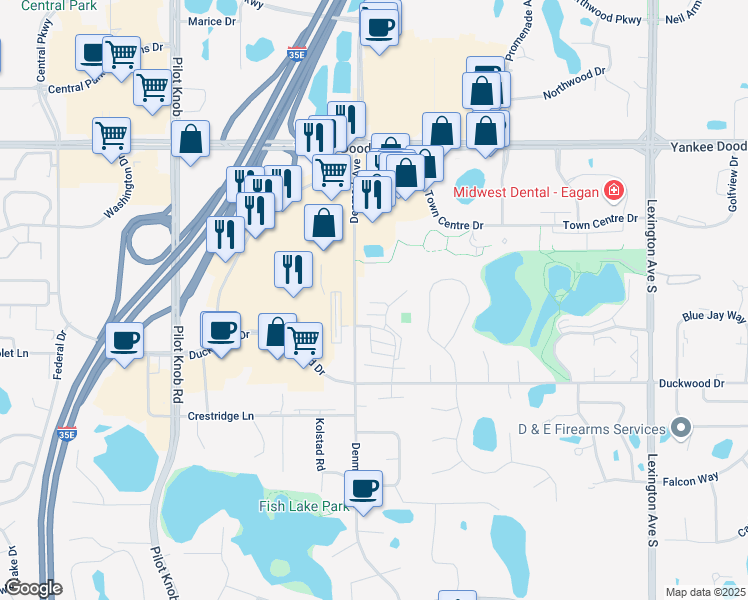 map of restaurants, bars, coffee shops, grocery stores, and more near 1277 Birch Point in Eagan