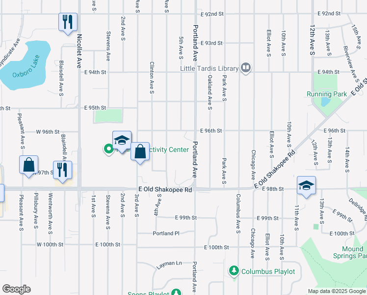 map of restaurants, bars, coffee shops, grocery stores, and more near 9600 Portland Avenue in Bloomington
