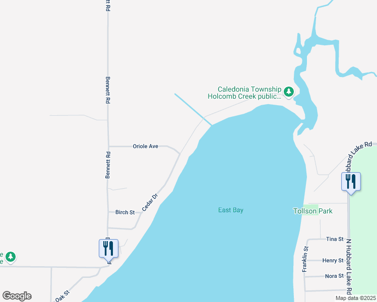 map of restaurants, bars, coffee shops, grocery stores, and more near 6000 Cedar Drive in Hubbard Lake