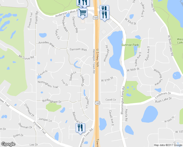 map of restaurants, bars, coffee shops, grocery stores, and more near 9645 Hampshire Lane in Eden Prairie