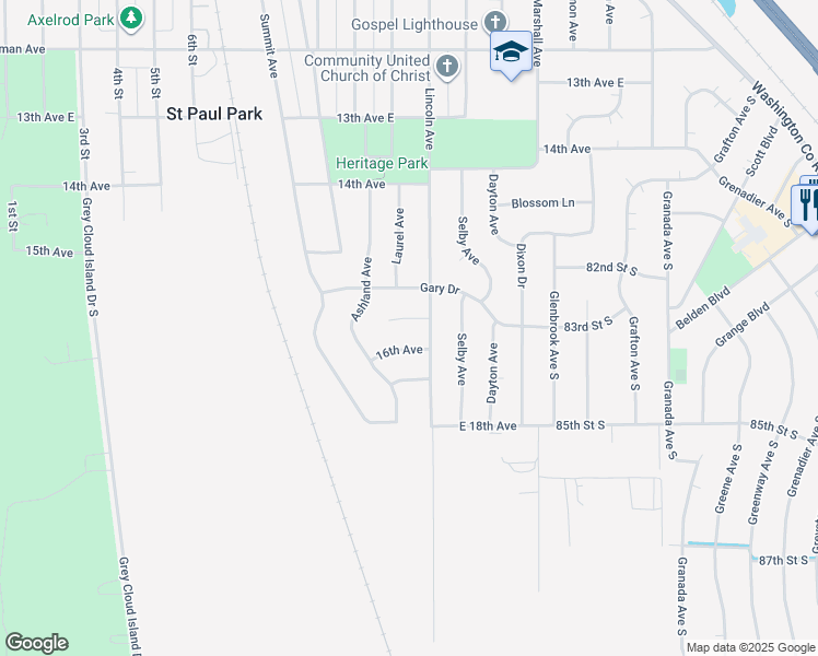 map of restaurants, bars, coffee shops, grocery stores, and more near 1180 Lincoln Court in Saint Paul Park