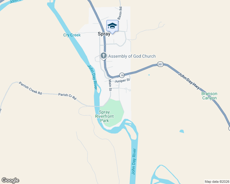 map of restaurants, bars, coffee shops, grocery stores, and more near 107 Main Street in Spray