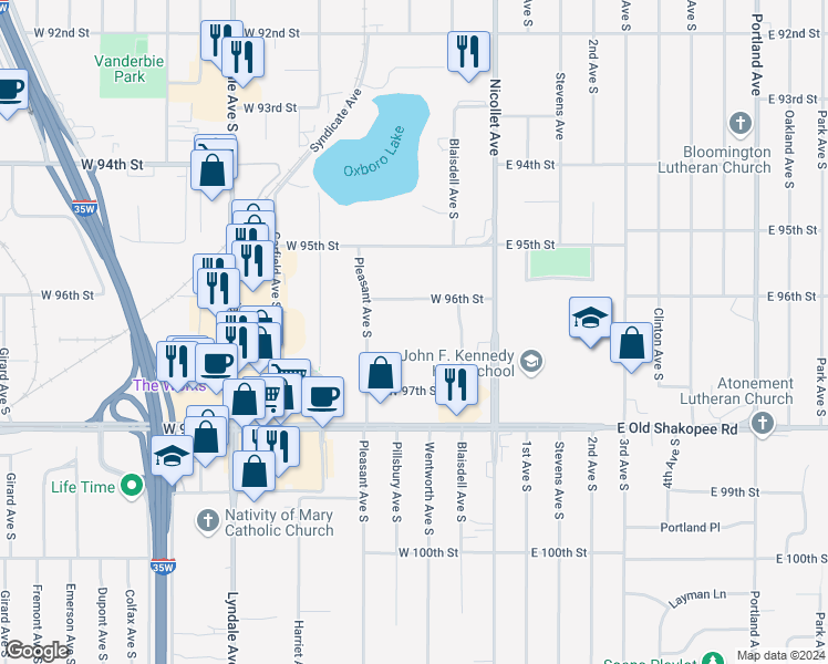 map of restaurants, bars, coffee shops, grocery stores, and more near 9725 Pleasant Avenue South in Bloomington