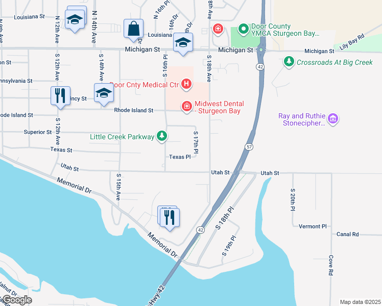 map of restaurants, bars, coffee shops, grocery stores, and more near 727 South 17th Place in Sturgeon Bay