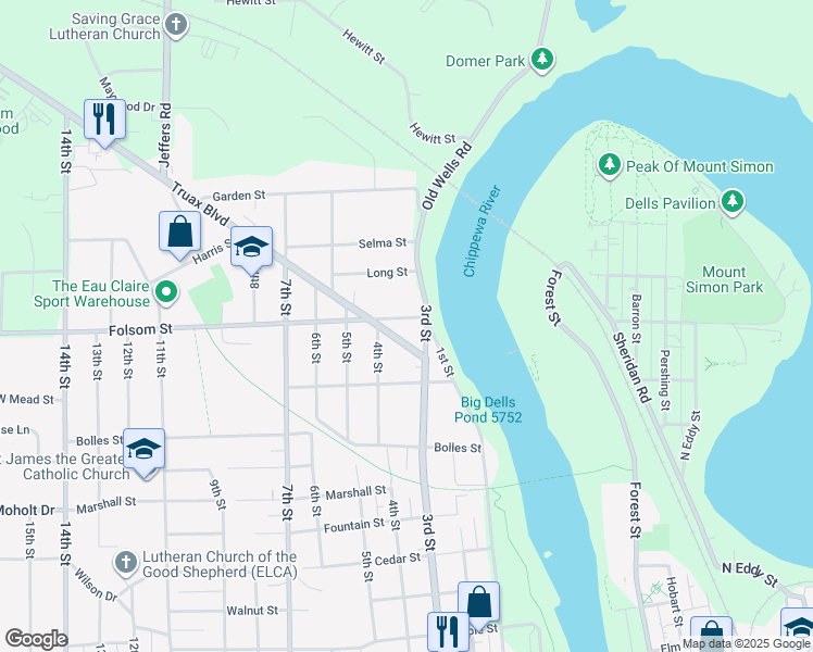map of restaurants, bars, coffee shops, grocery stores, and more near 317 Folsom Street in Eau Claire