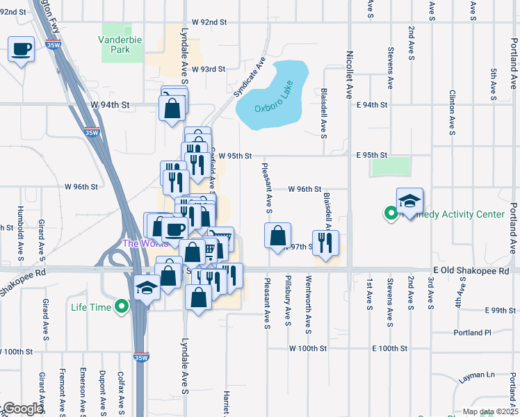 map of restaurants, bars, coffee shops, grocery stores, and more near 9640 Pleasant Avenue South in Minneapolis