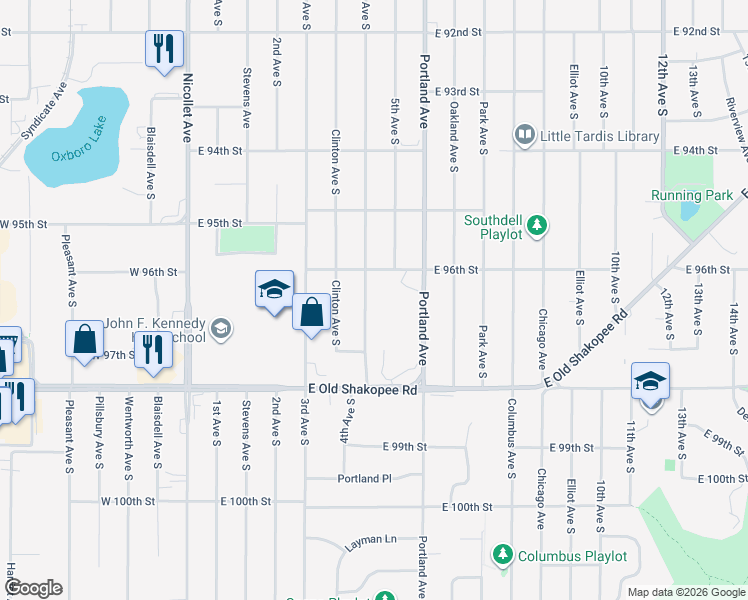 map of restaurants, bars, coffee shops, grocery stores, and more near 9619 4th Avenue South in Minneapolis