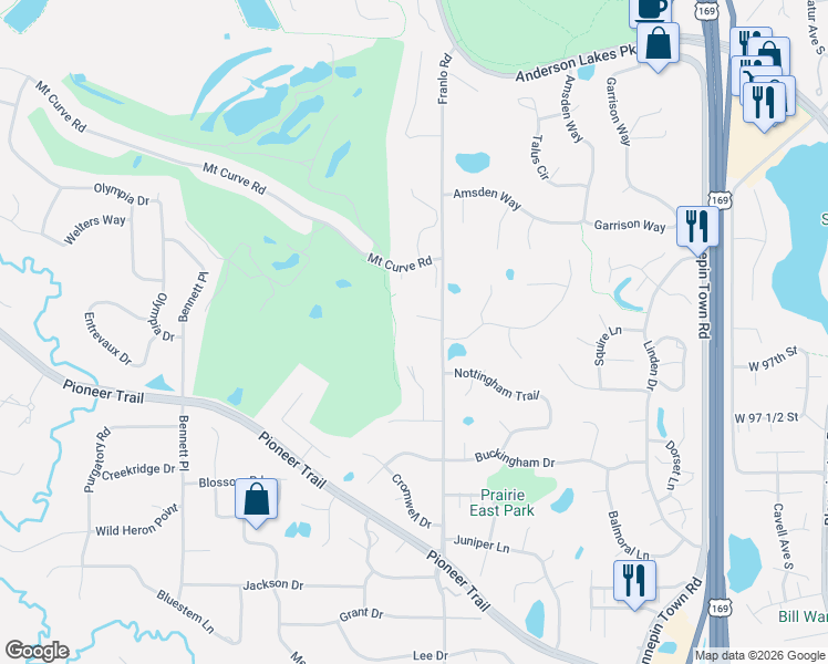 map of restaurants, bars, coffee shops, grocery stores, and more near 9650 Franlo Road in Eden Prairie