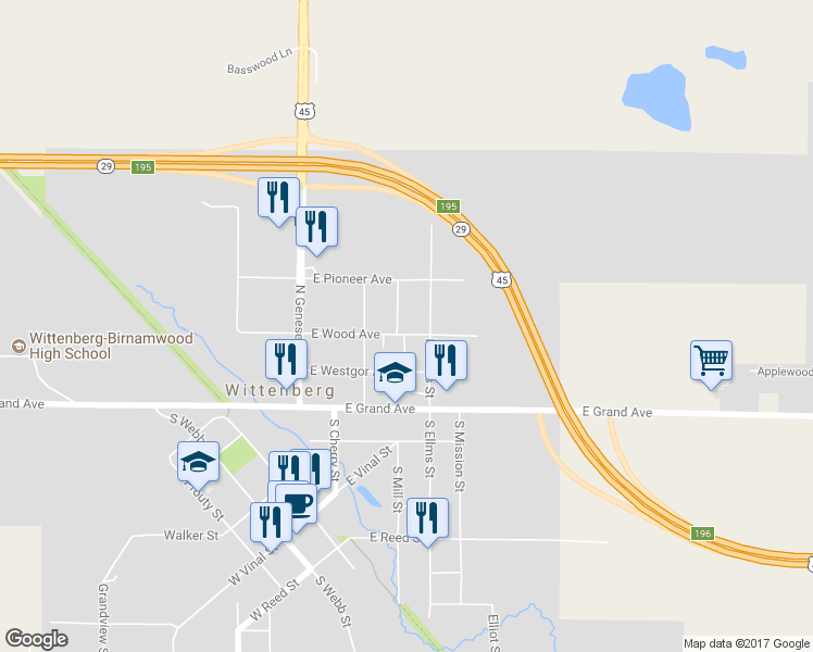map of restaurants, bars, coffee shops, grocery stores, and more near 302 N Taylor St in Wittenberg