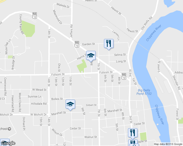 map of restaurants, bars, coffee shops, grocery stores, and more near Folsom St & 8th St in Eau Claire
