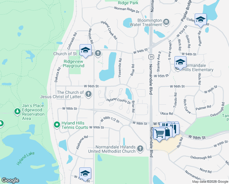 map of restaurants, bars, coffee shops, grocery stores, and more near 5712 Hyland Courts Drive in Minneapolis