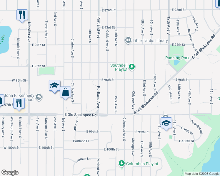 map of restaurants, bars, coffee shops, grocery stores, and more near 9619 Oakland Avenue South in Minneapolis