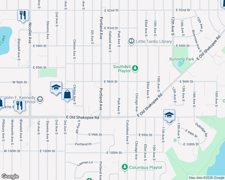 map of restaurants, bars, coffee shops, grocery stores, and more near 9619 Oakland Avenue South in Minneapolis