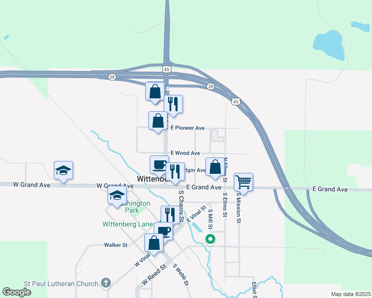 map of restaurants, bars, coffee shops, grocery stores, and more near 304 E Wood Ave in Wittenberg